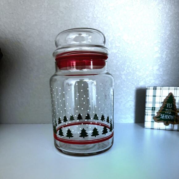 Vintage Christmas Tree Glass Canister Jar w/ Red Lid | Holiday Kitchen Decor - Picture 2 of 7